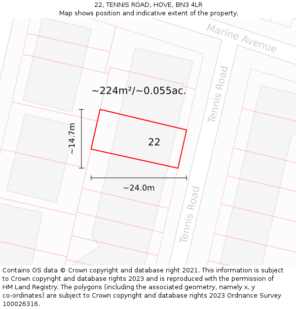 22, TENNIS ROAD, HOVE, BN3 4LR: Plot and title map