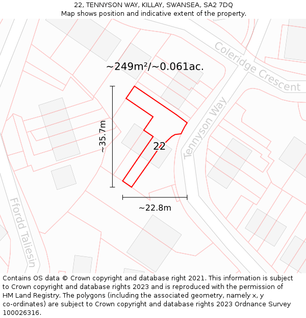 22, TENNYSON WAY, KILLAY, SWANSEA, SA2 7DQ: Plot and title map