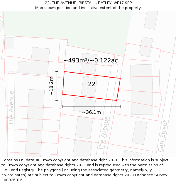 22, THE AVENUE, BIRSTALL, BATLEY, WF17 9PP: Plot and title map