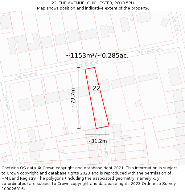 22, THE AVENUE, CHICHESTER, PO19 5PU: Plot and title map