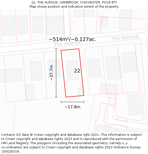 22, THE AVENUE, HAMBROOK, CHICHESTER, PO18 8TY: Plot and title map