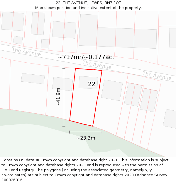 22, THE AVENUE, LEWES, BN7 1QT: Plot and title map