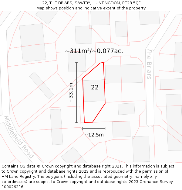 22, THE BRIARS, SAWTRY, HUNTINGDON, PE28 5QF: Plot and title map