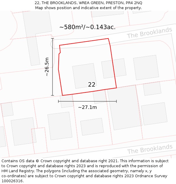 22, THE BROOKLANDS, WREA GREEN, PRESTON, PR4 2NQ: Plot and title map