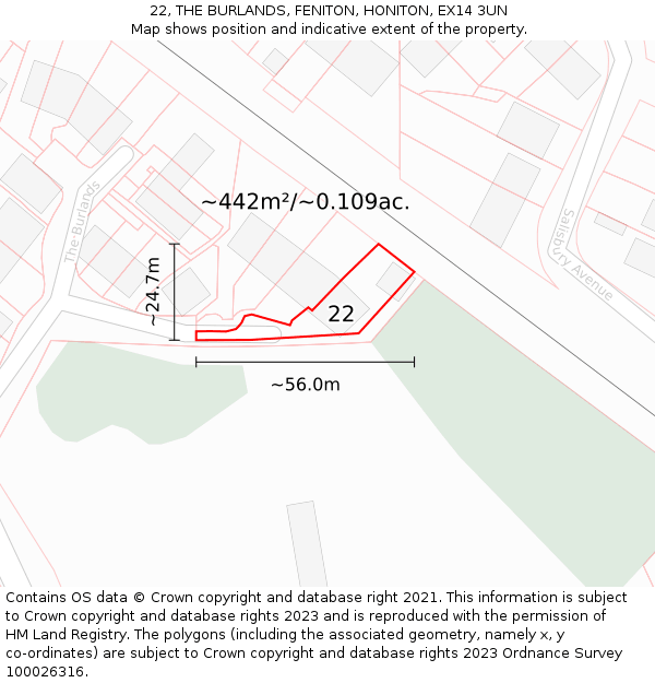 22, THE BURLANDS, FENITON, HONITON, EX14 3UN: Plot and title map