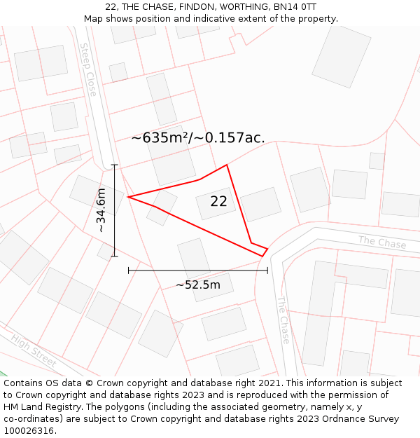 22, THE CHASE, FINDON, WORTHING, BN14 0TT: Plot and title map