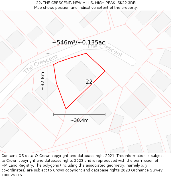 22, THE CRESCENT, NEW MILLS, HIGH PEAK, SK22 3DB: Plot and title map