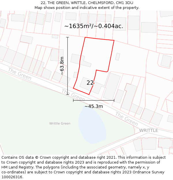 22, THE GREEN, WRITTLE, CHELMSFORD, CM1 3DU: Plot and title map