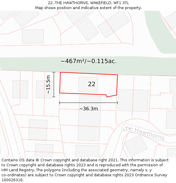 22, THE HAWTHORNS, WAKEFIELD, WF1 3TL: Plot and title map