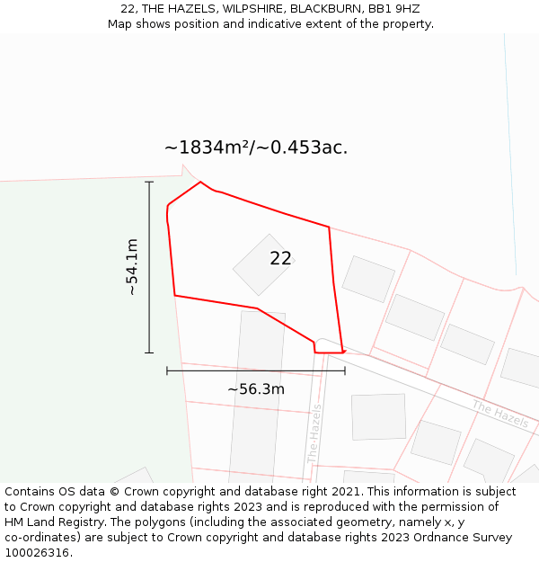 22, THE HAZELS, WILPSHIRE, BLACKBURN, BB1 9HZ: Plot and title map