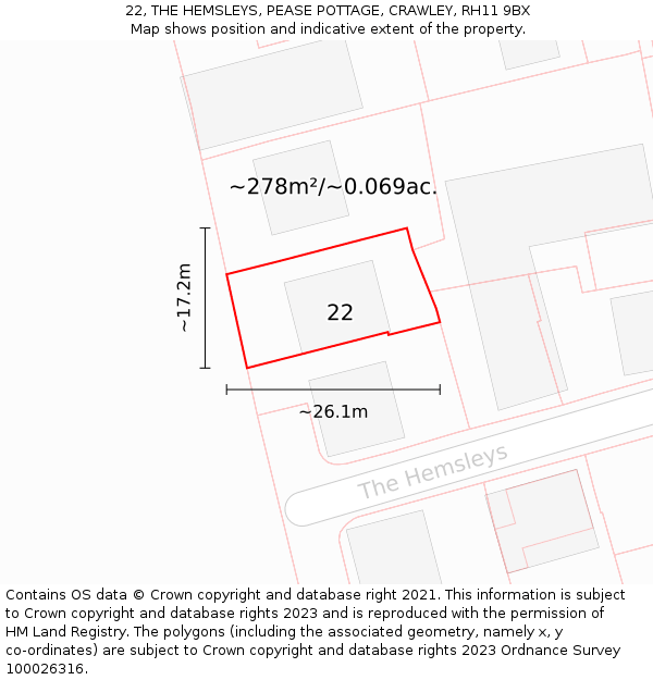 22, THE HEMSLEYS, PEASE POTTAGE, CRAWLEY, RH11 9BX: Plot and title map
