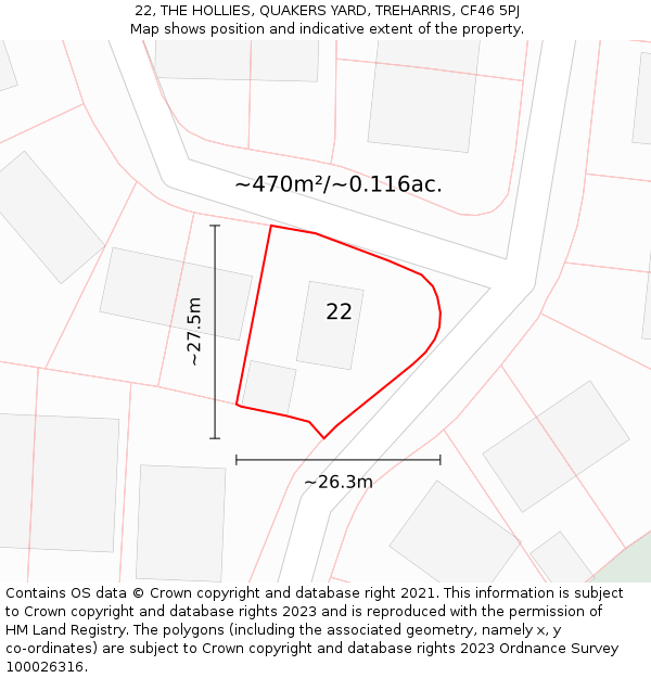 22, THE HOLLIES, QUAKERS YARD, TREHARRIS, CF46 5PJ: Plot and title map