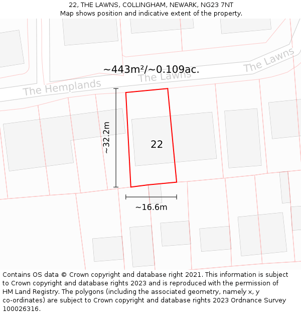 22, THE LAWNS, COLLINGHAM, NEWARK, NG23 7NT: Plot and title map