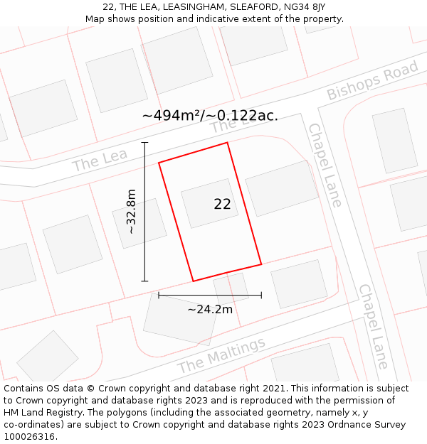 22, THE LEA, LEASINGHAM, SLEAFORD, NG34 8JY: Plot and title map