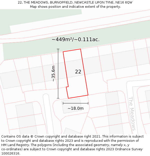 22, THE MEADOWS, BURNOPFIELD, NEWCASTLE UPON TYNE, NE16 6QW: Plot and title map