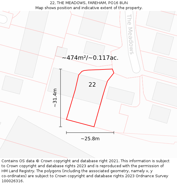 22, THE MEADOWS, FAREHAM, PO16 8UN: Plot and title map