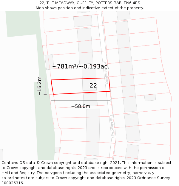 22, THE MEADWAY, CUFFLEY, POTTERS BAR, EN6 4ES: Plot and title map