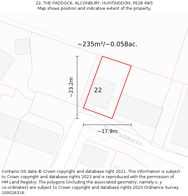 22, THE PADDOCK, ALCONBURY, HUNTINGDON, PE28 4WS: Plot and title map