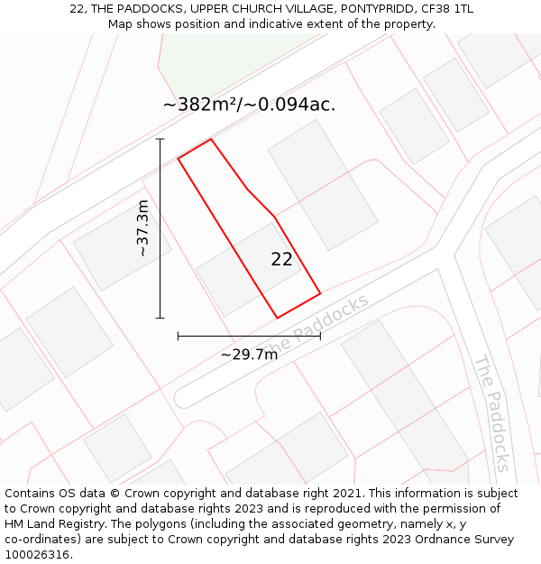 22, THE PADDOCKS, UPPER CHURCH VILLAGE, PONTYPRIDD, CF38 1TL: Plot and title map