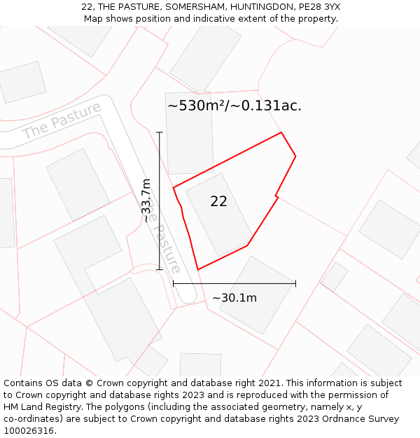 22, THE PASTURE, SOMERSHAM, HUNTINGDON, PE28 3YX: Plot and title map