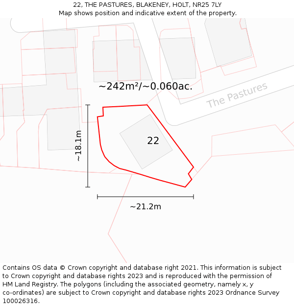 22, THE PASTURES, BLAKENEY, HOLT, NR25 7LY: Plot and title map