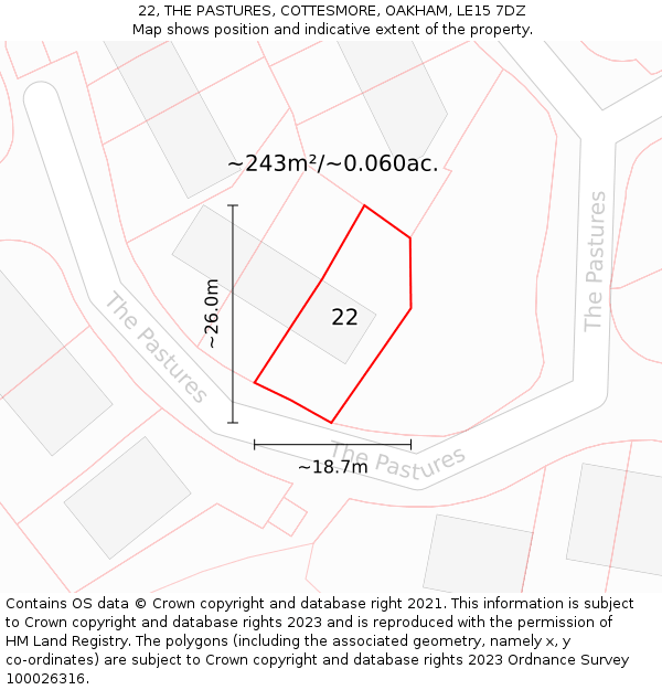 22, THE PASTURES, COTTESMORE, OAKHAM, LE15 7DZ: Plot and title map