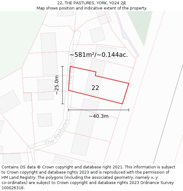 22, THE PASTURES, YORK, YO24 2JE: Plot and title map