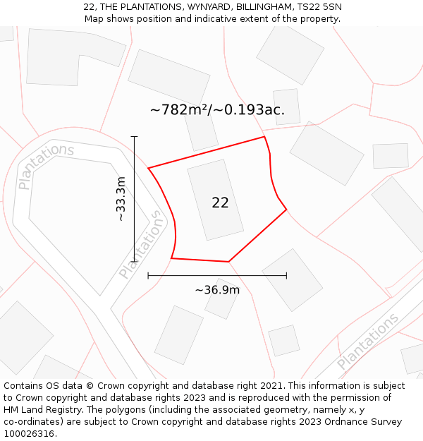 22, THE PLANTATIONS, WYNYARD, BILLINGHAM, TS22 5SN: Plot and title map