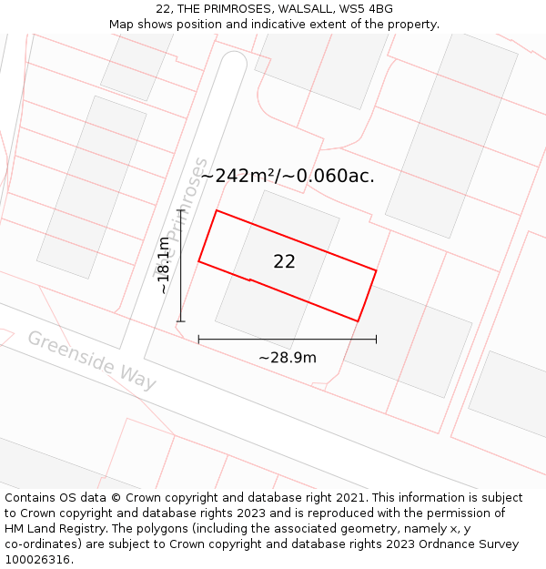 22, THE PRIMROSES, WALSALL, WS5 4BG: Plot and title map