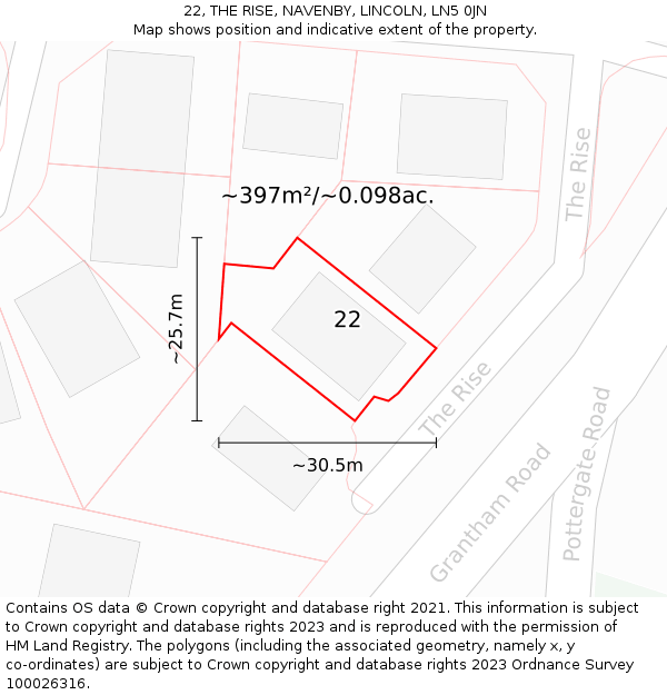 22, THE RISE, NAVENBY, LINCOLN, LN5 0JN: Plot and title map