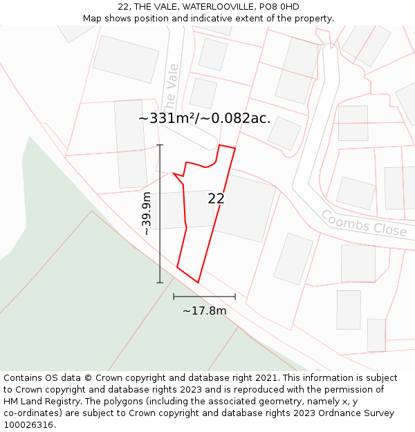 22, THE VALE, WATERLOOVILLE, PO8 0HD: Plot and title map