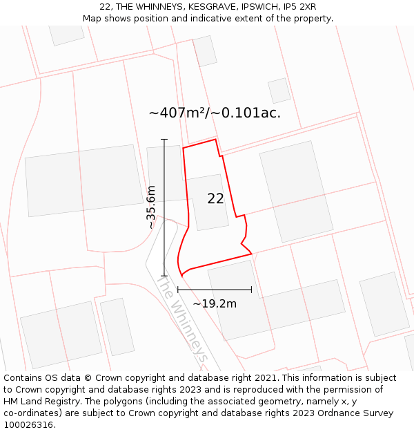 22, THE WHINNEYS, KESGRAVE, IPSWICH, IP5 2XR: Plot and title map