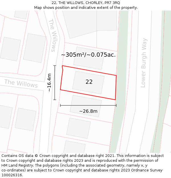 22, THE WILLOWS, CHORLEY, PR7 3RQ: Plot and title map