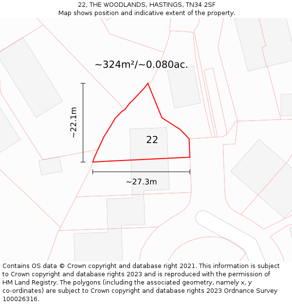 22, THE WOODLANDS, HASTINGS, TN34 2SF: Plot and title map