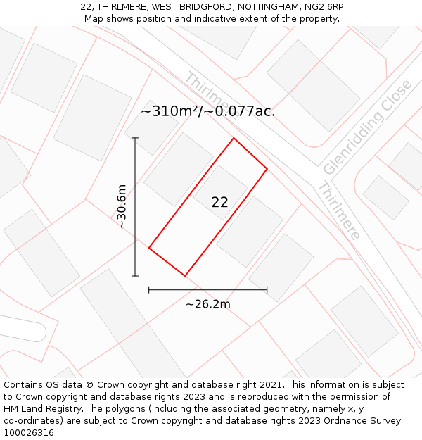 22, THIRLMERE, WEST BRIDGFORD, NOTTINGHAM, NG2 6RP: Plot and title map