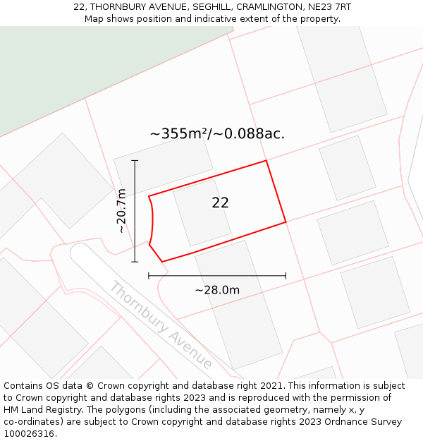 22, THORNBURY AVENUE, SEGHILL, CRAMLINGTON, NE23 7RT: Plot and title map