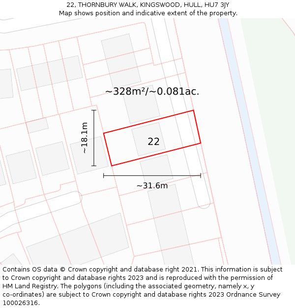 22, THORNBURY WALK, KINGSWOOD, HULL, HU7 3JY: Plot and title map