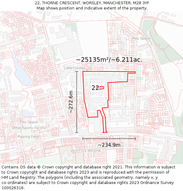 22, THORNE CRESCENT, WORSLEY, MANCHESTER, M28 3YF: Plot and title map