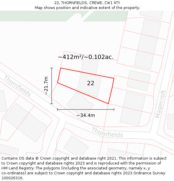 22, THORNFIELDS, CREWE, CW1 4TY: Plot and title map