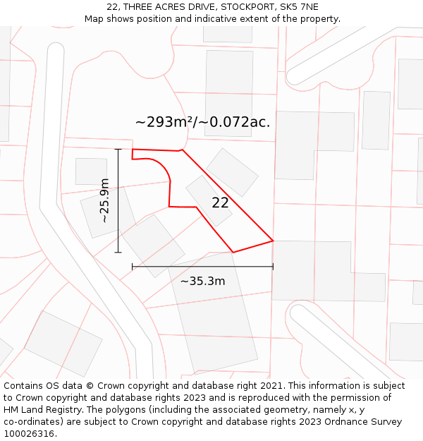 22, THREE ACRES DRIVE, STOCKPORT, SK5 7NE: Plot and title map
