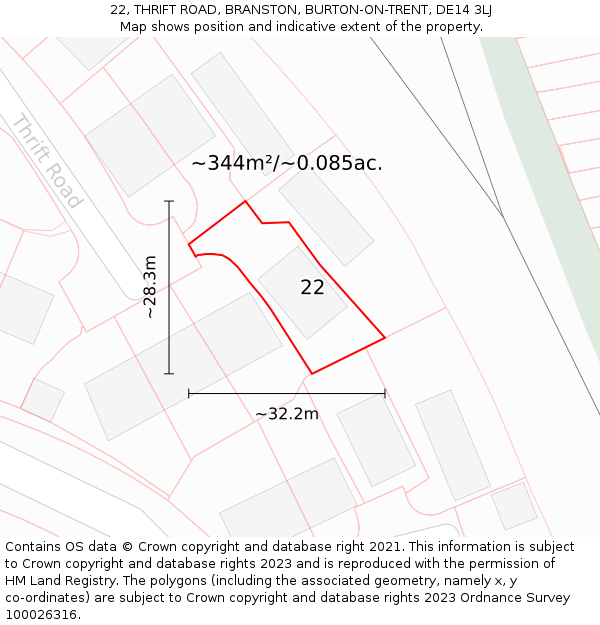 22, THRIFT ROAD, BRANSTON, BURTON-ON-TRENT, DE14 3LJ: Plot and title map