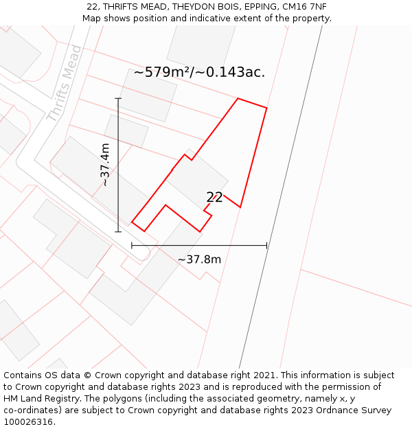 22, THRIFTS MEAD, THEYDON BOIS, EPPING, CM16 7NF: Plot and title map