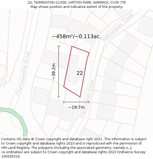 22, TIDMINGTON CLOSE, HATTON PARK, WARWICK, CV35 7TE: Plot and title map