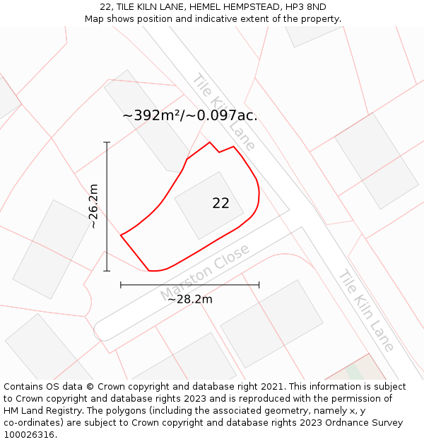 22, TILE KILN LANE, HEMEL HEMPSTEAD, HP3 8ND: Plot and title map