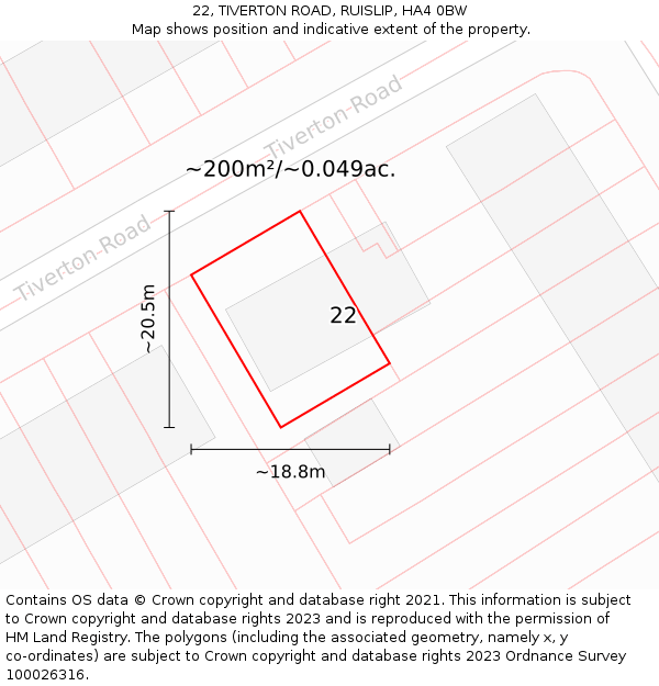 22, TIVERTON ROAD, RUISLIP, HA4 0BW: Plot and title map