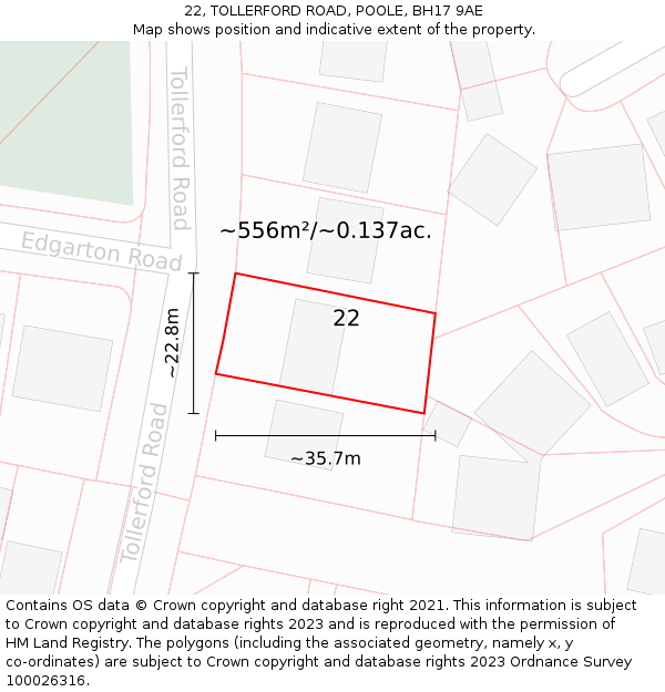 22, TOLLERFORD ROAD, POOLE, BH17 9AE: Plot and title map