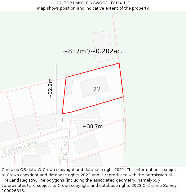 22, TOP LANE, RINGWOOD, BH24 1LF: Plot and title map