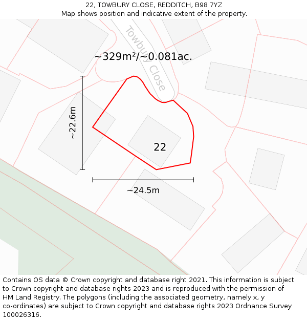 22, TOWBURY CLOSE, REDDITCH, B98 7YZ: Plot and title map