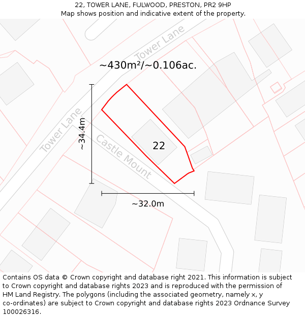 22, TOWER LANE, FULWOOD, PRESTON, PR2 9HP: Plot and title map