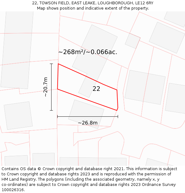 22, TOWSON FIELD, EAST LEAKE, LOUGHBOROUGH, LE12 6RY: Plot and title map